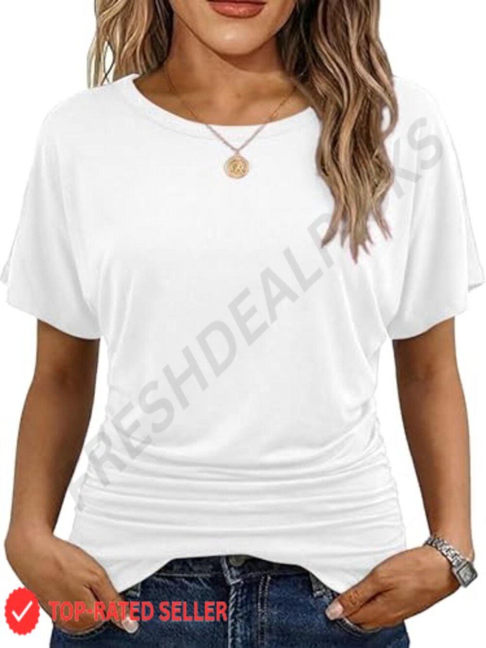 Womens Short Sleeve Crew Neck Dolman Tunic Top Side Shirring Loose Fit Summer